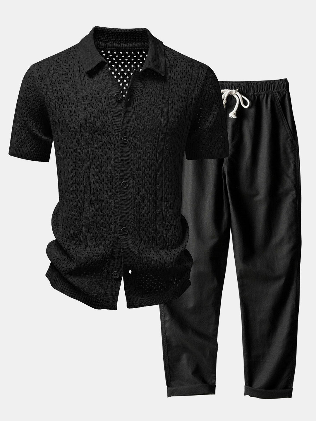 Open Knit Shirt & Straight Leg Linen Pants
