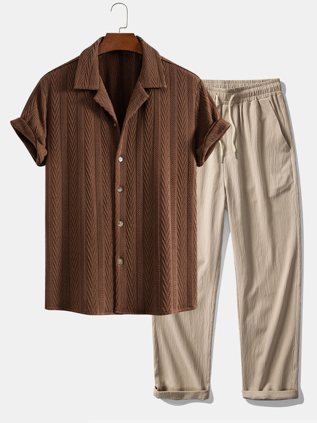 Donovan | Textuur Jacquard Cubaanse Shirt & Kreukel Textuur Rechte Pantalon