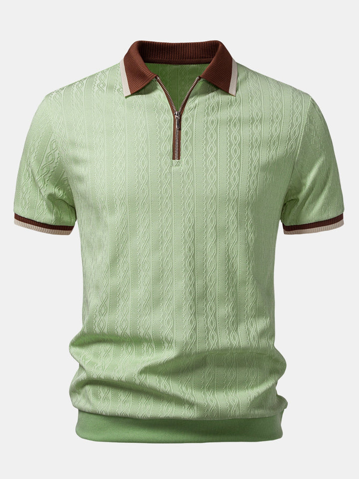 Brian | Contrast Trim Textured Zipper Knit Polo & Elastic Waist Straight Leg Trousers