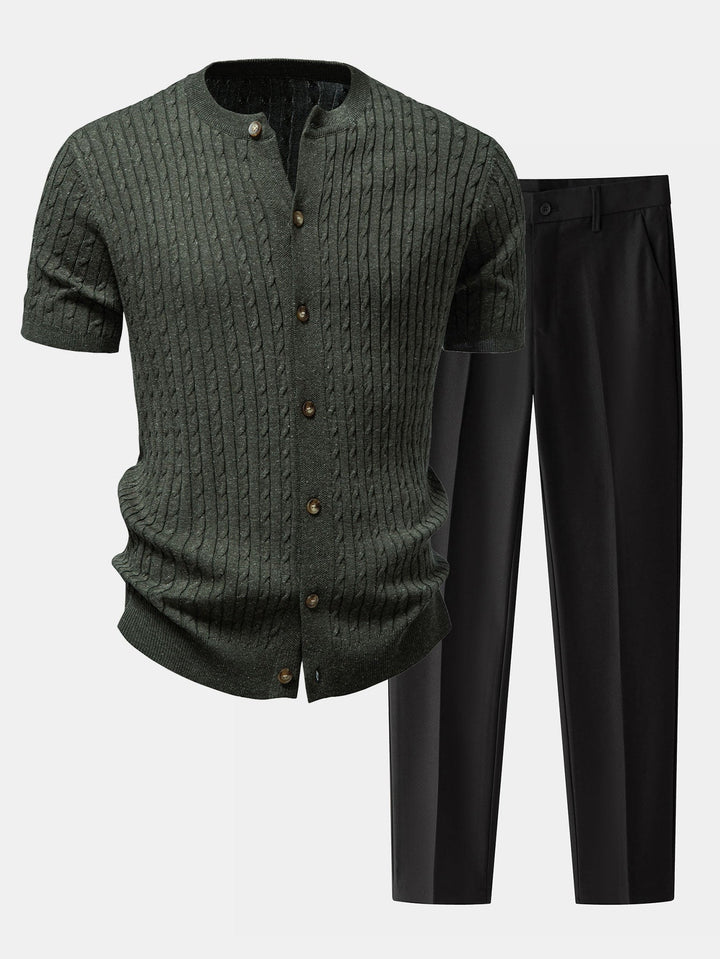 Victor | Twisted Jacquard Crew Neck Button Up Knit Shirt & Slim Fit Tapered Trousers