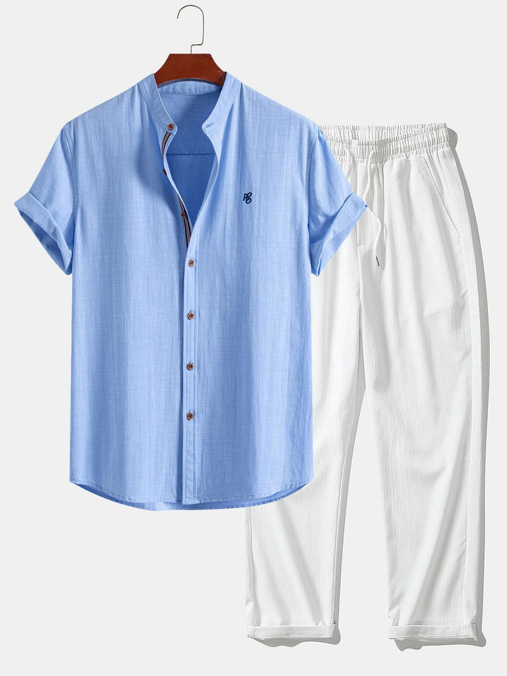 Peter | Short Sleeve Linen Look Stand Collar Shirt & Crinkle Textured Straight Leg Pants