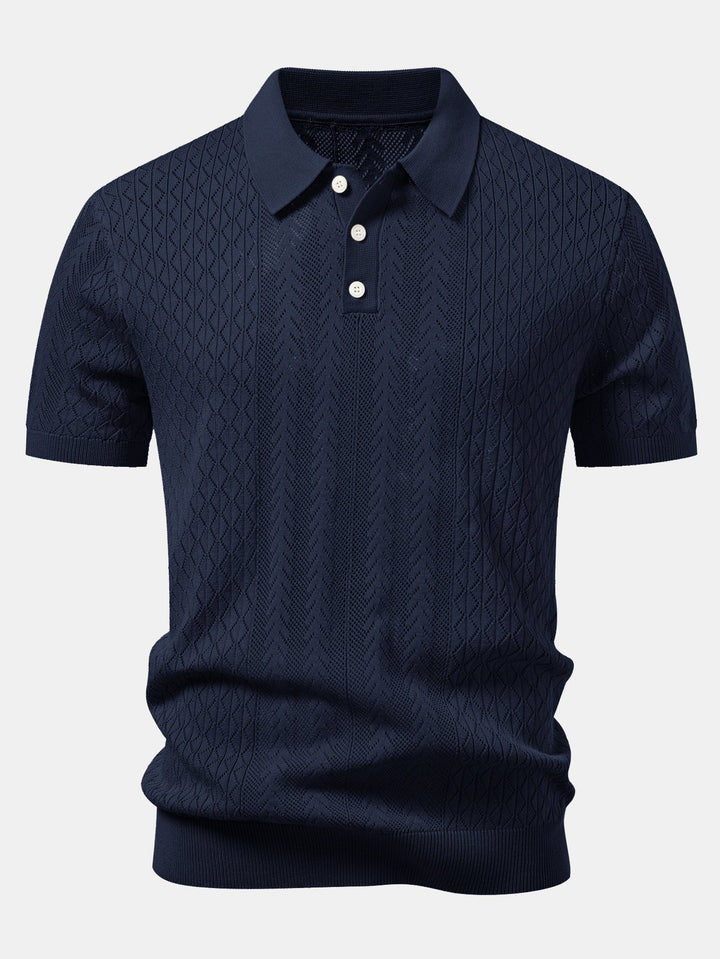 Dexter | Geometric Jacquard Open Knit Polo & Straight Leg Ribbed Pants
