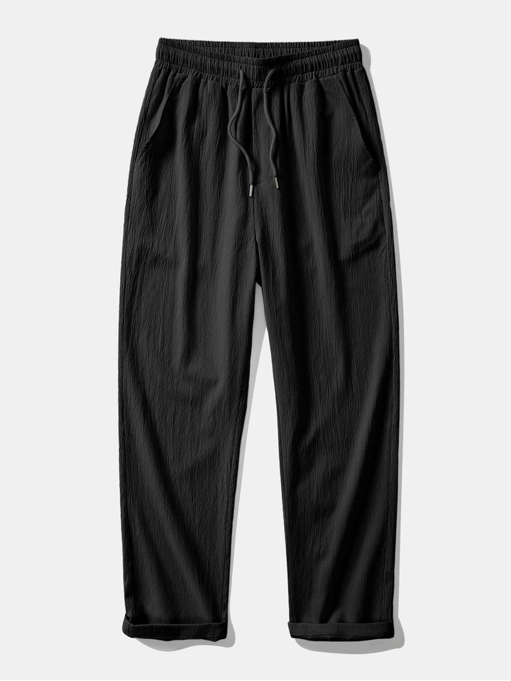 Peter | Short Sleeve Linen Look Stand Collar Shirt & Crinkle Textured Straight Leg Pants