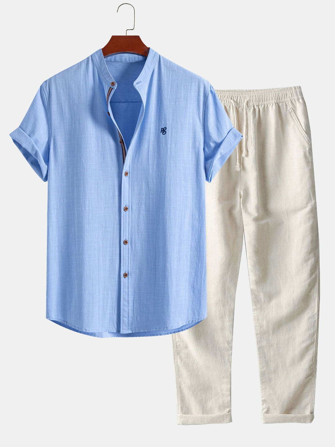 Tom | Short Sleeve Linen Look Stand Collar Shirt & Straight Leg Linen Pants