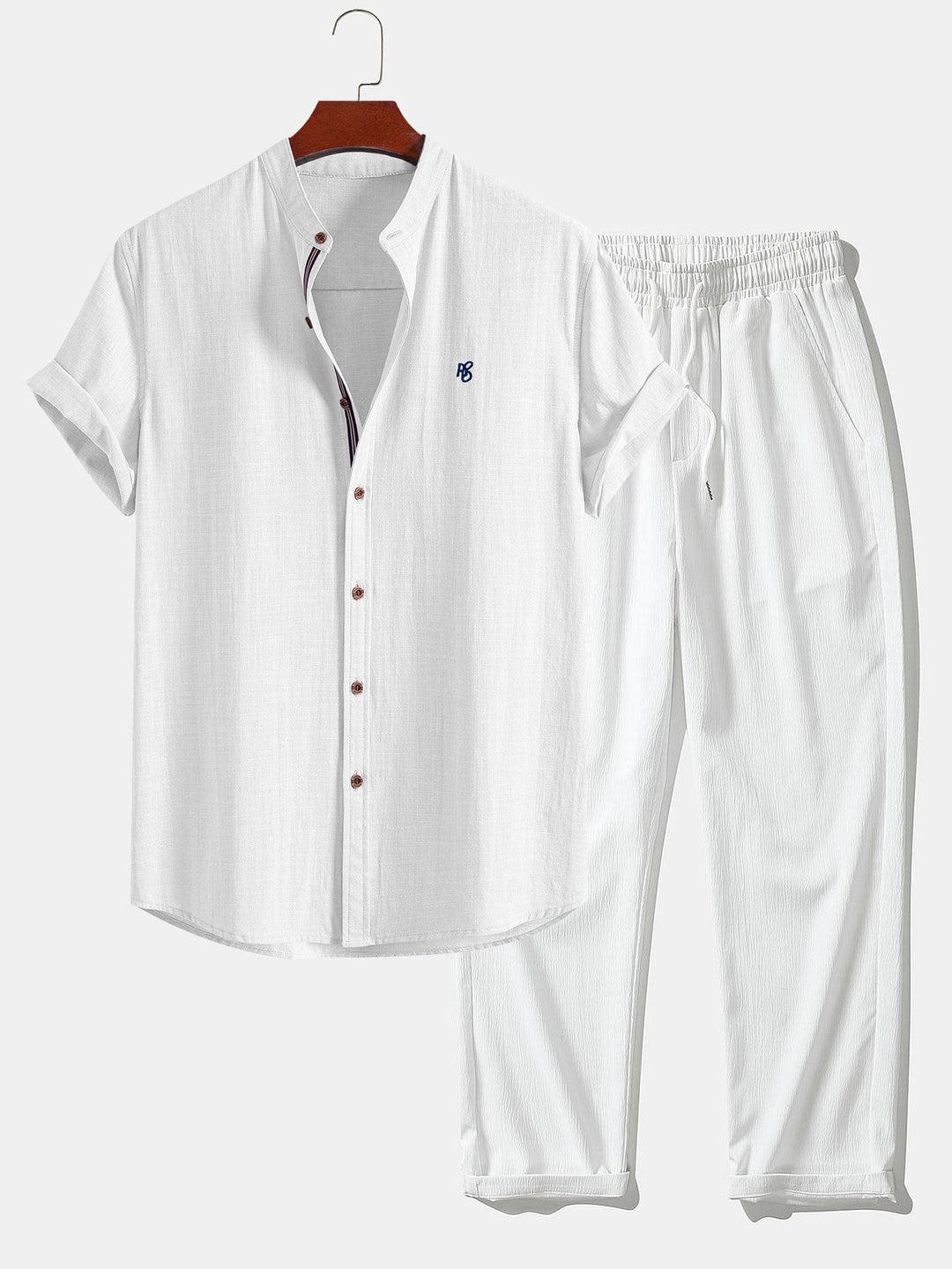 Peter | Short Sleeve Linen Look Stand Collar Shirt & Crinkle Textured Straight Leg Pants