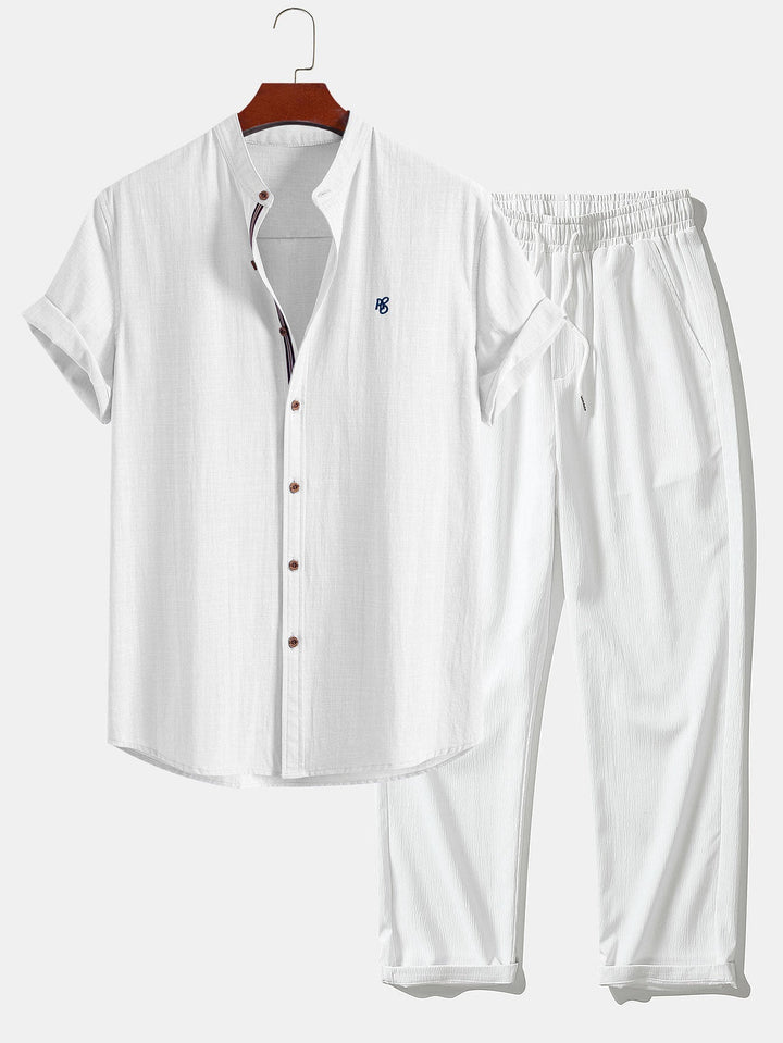 Peter | Short Sleeve Linen Look Stand Collar Shirt & Crinkle Textured Straight Leg Pants