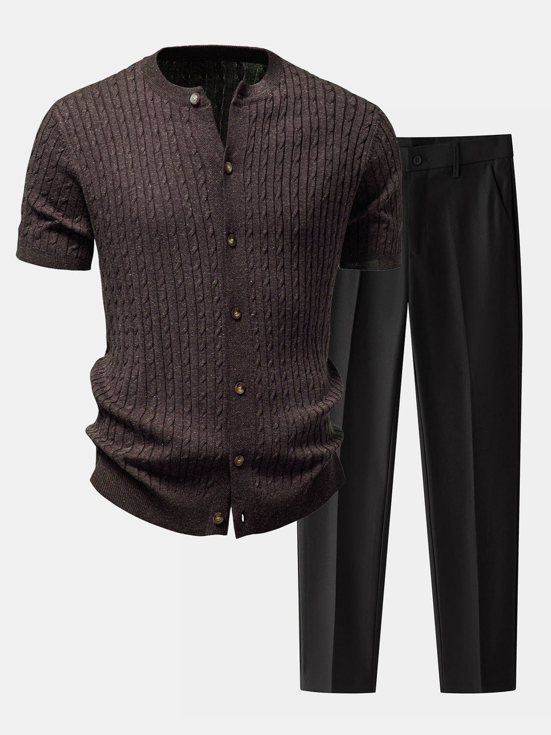 Victor | Twisted Jacquard Crew Neck Button Up Knit Shirt & Slim Fit Tapered Trousers