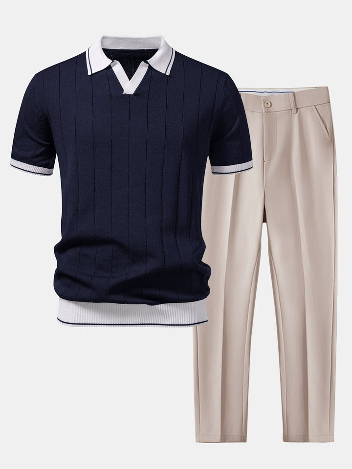 Luke | Contrast Trim Ribbed Johnny Collar Knit Polo & Slim Fit Tapered Trousers