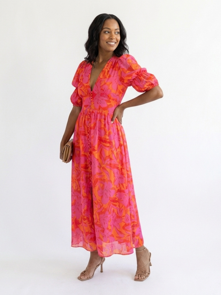 Lydia | Midi Dress with Puff Sleeves