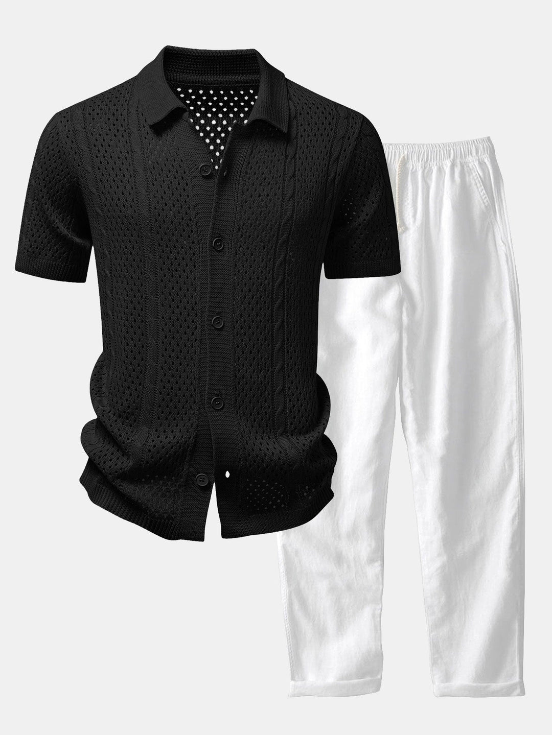 Open Knit Shirt & Straight Leg Linen Pants