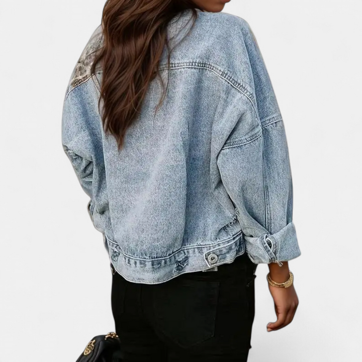 BRECKA™ – Wild Leopard Patch Denim Jacket