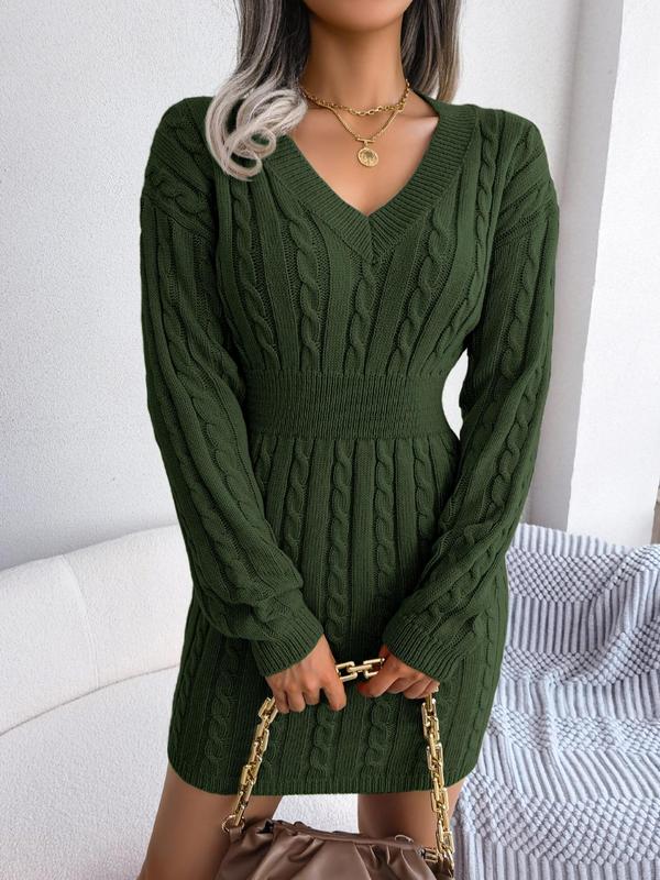 HOLLY™ | Cozy Long Sleeve V-Neck Cable Knit Sweater Dress