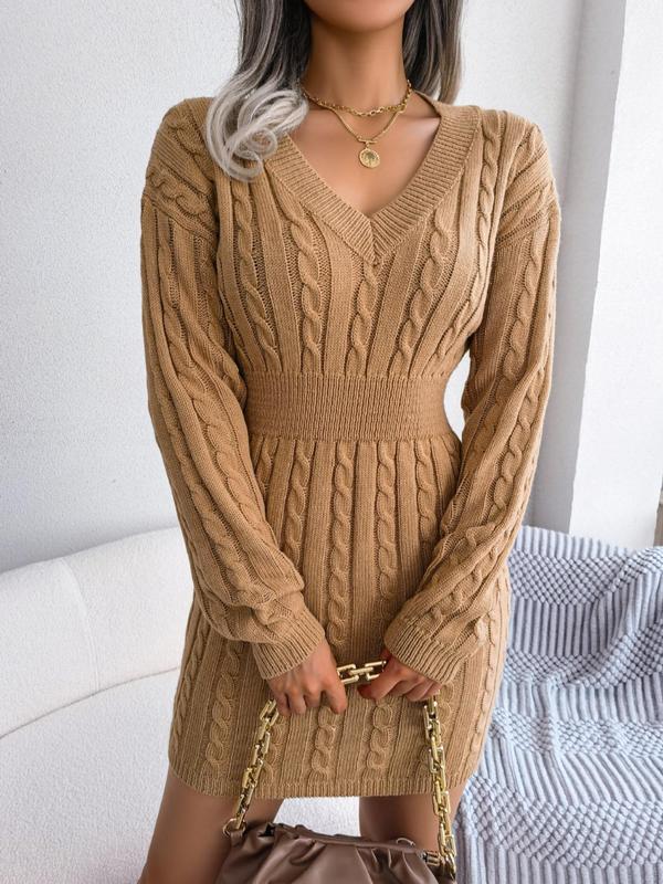 HOLLY™ | Cozy Long Sleeve V-Neck Cable Knit Sweater Dress