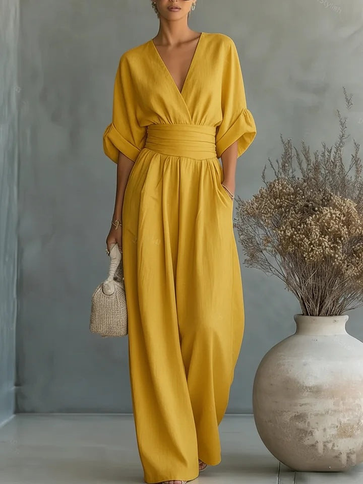 Hillary | Elegant Wide-Leg Fluid V-Neck Jumpsuit
