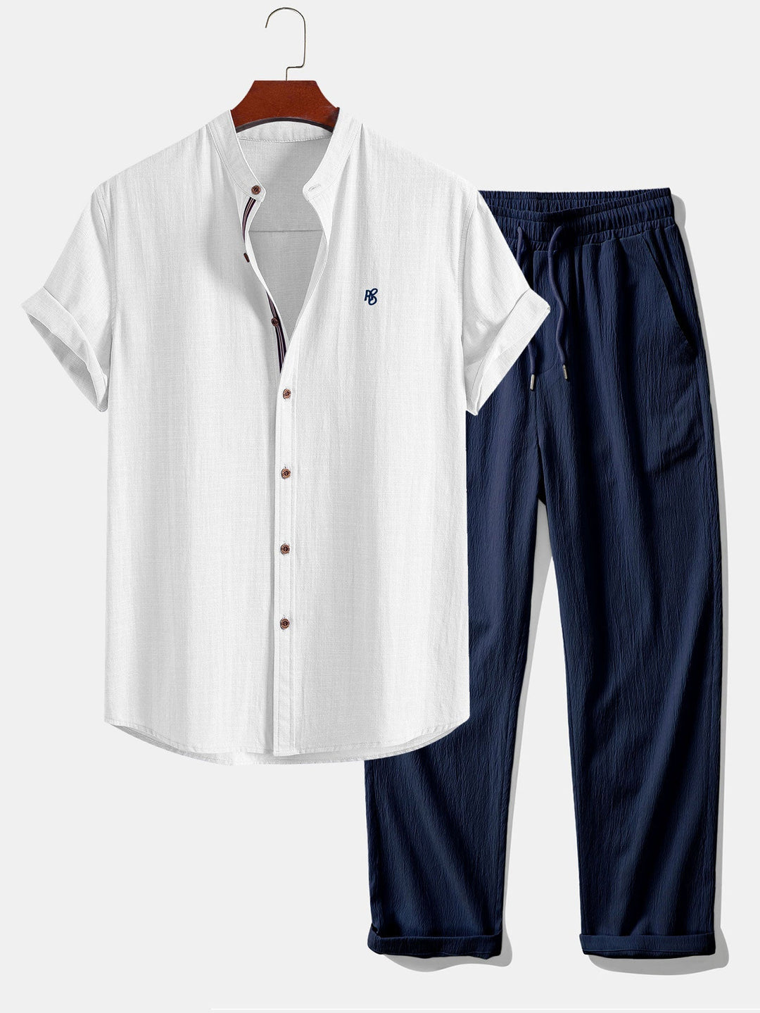 Peter | Short Sleeve Linen Look Stand Collar Shirt & Crinkle Textured Straight Leg Pants