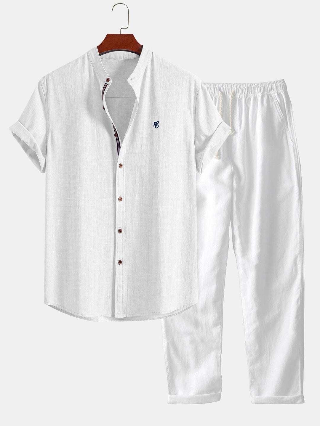 Tom | Short Sleeve Linen Look Stand Collar Shirt & Straight Leg Linen Pants