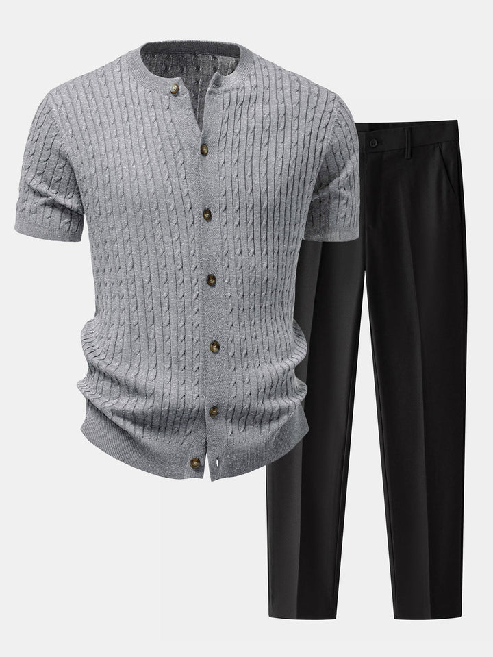 Victor | Twisted Jacquard Crew Neck Button Up Knit Shirt & Slim Fit Tapered Trousers