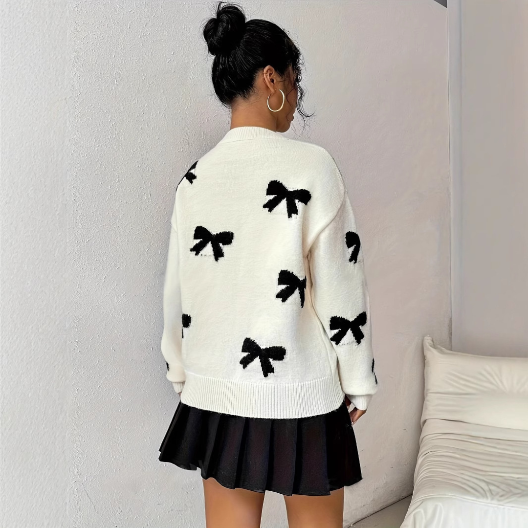 HATA™ | Comfy Bow Print Pullover Sweater