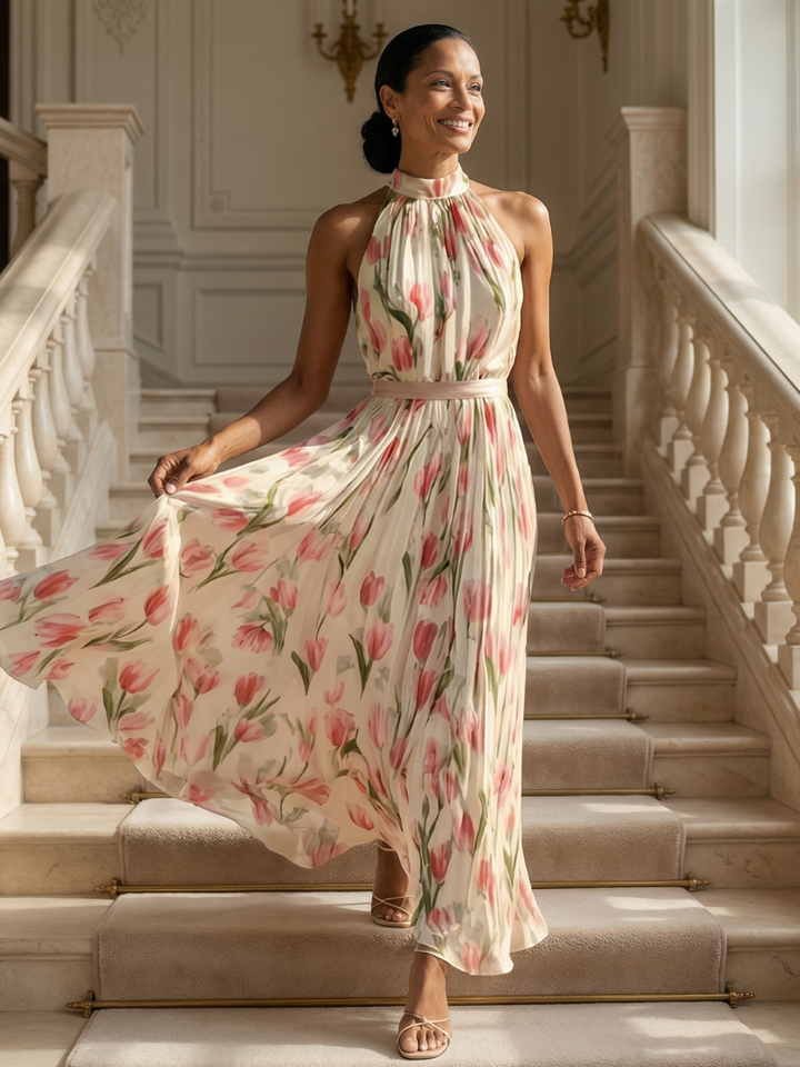 Aurelle | Midi Dress with Halter Neck and Flowers
