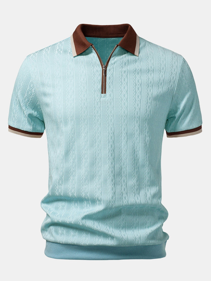 Brian | Contrast Trim Textured Zipper Knit Polo & Elastic Waist Straight Leg Trousers