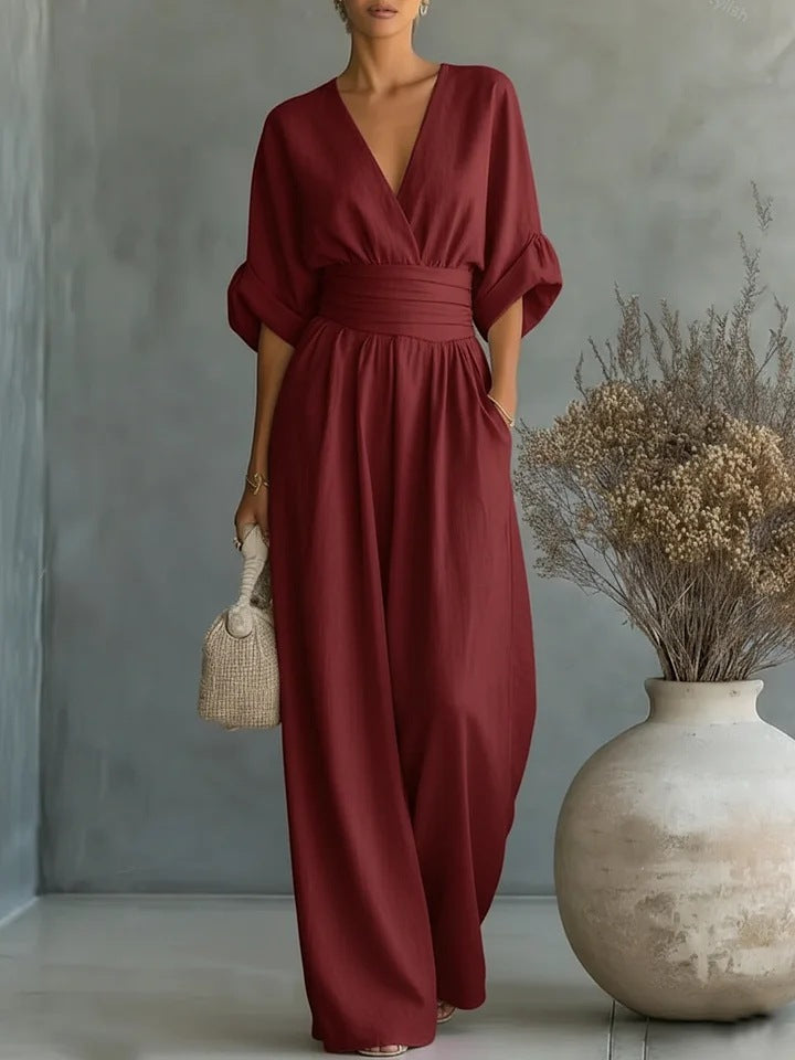 Hillary | Elegant Wide-Leg Fluid V-Neck Jumpsuit