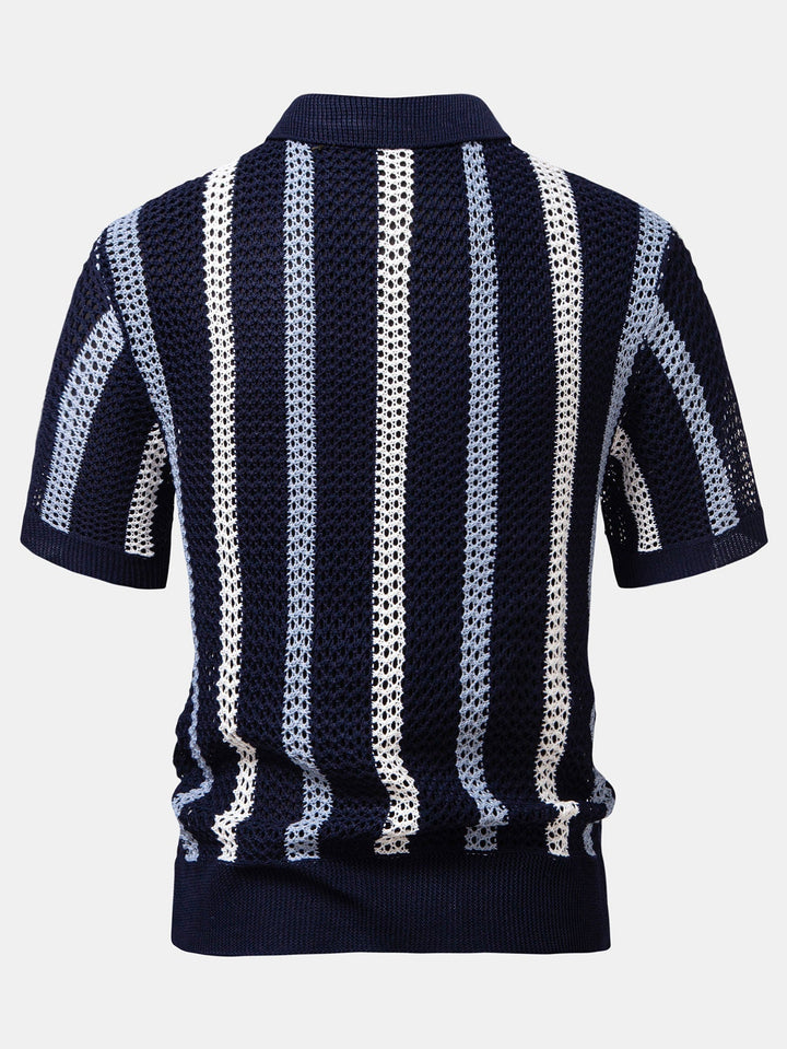 Sam | Gestreepte gehaakte V-hals Polo & linnen broek met rechte pijpen