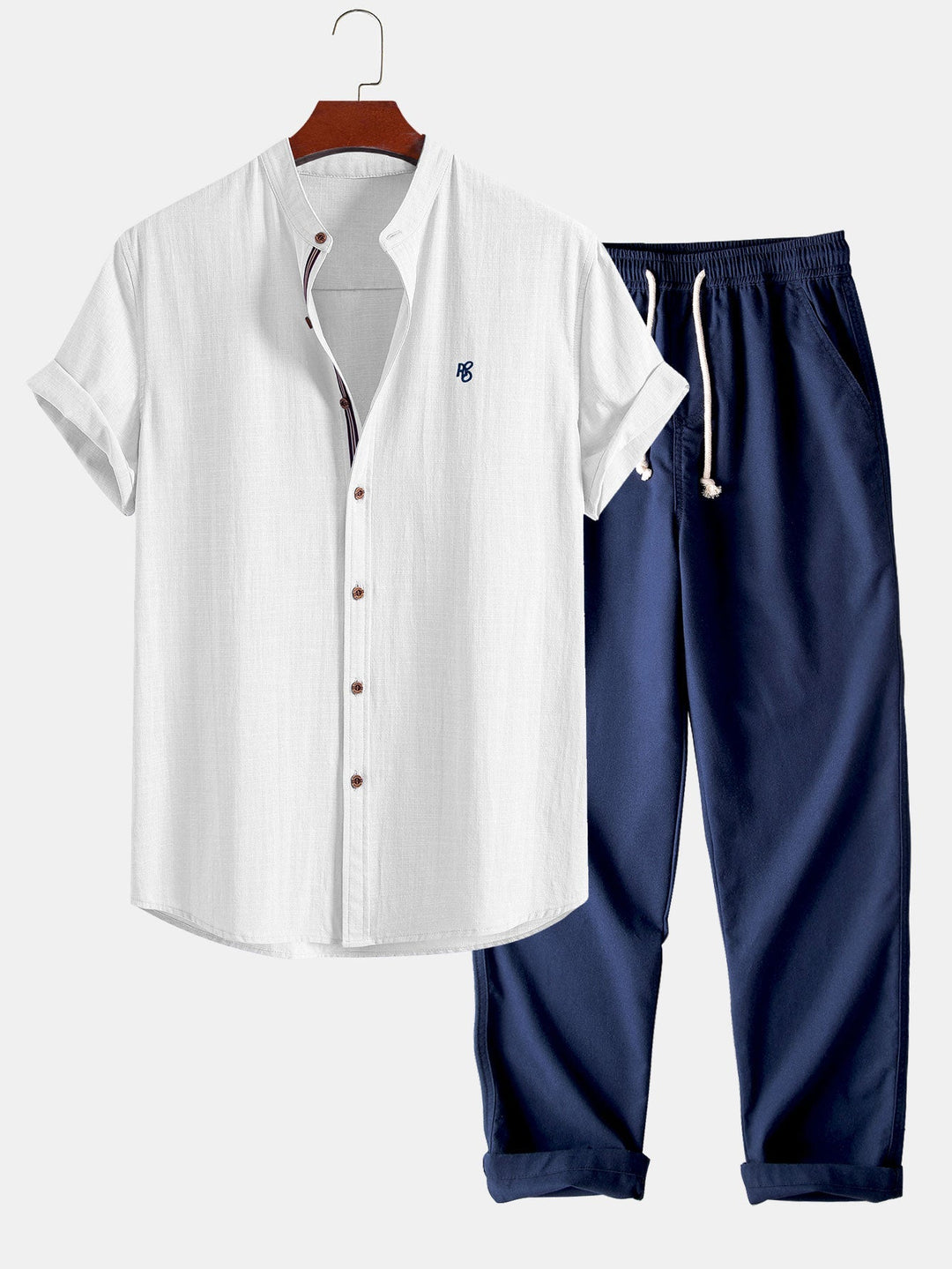 Tom | Short Sleeve Linen Look Stand Collar Shirt & Straight Leg Linen Pants