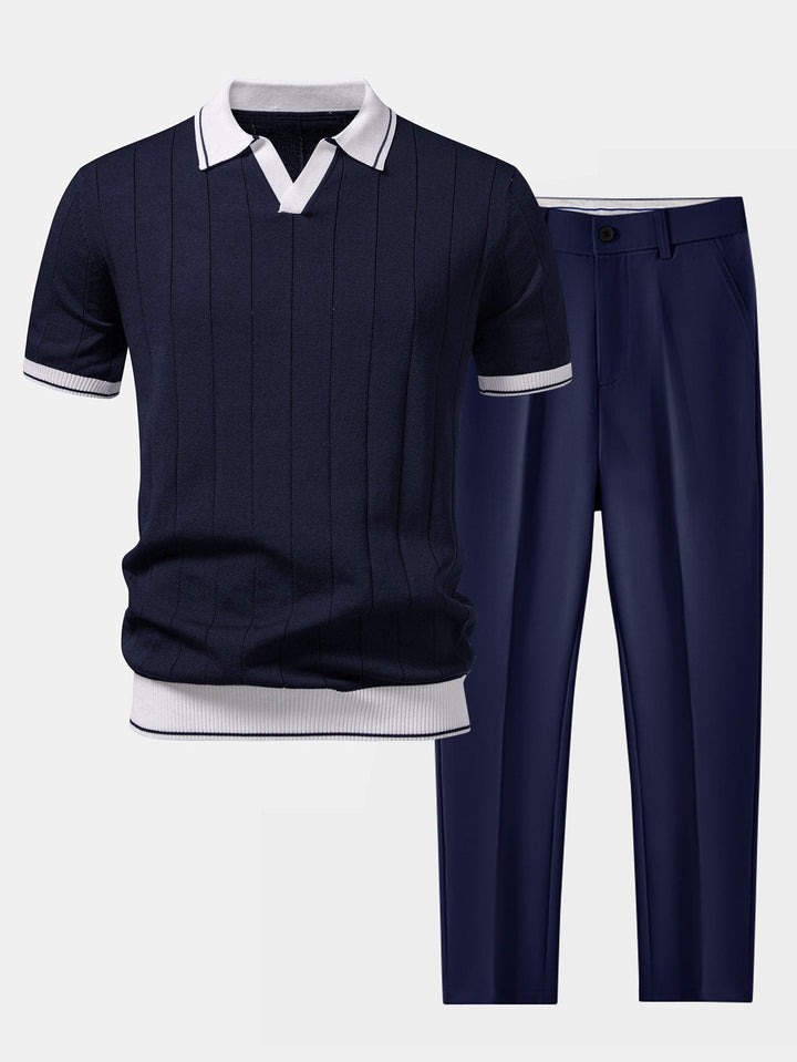 Luke | Contrast Trim Ribbed Johnny Collar Knit Polo & Slim Fit Tapered Trousers