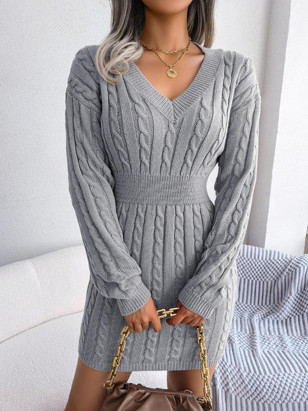 HOLLY™ | Cozy Long Sleeve V-Neck Cable Knit Sweater Dress