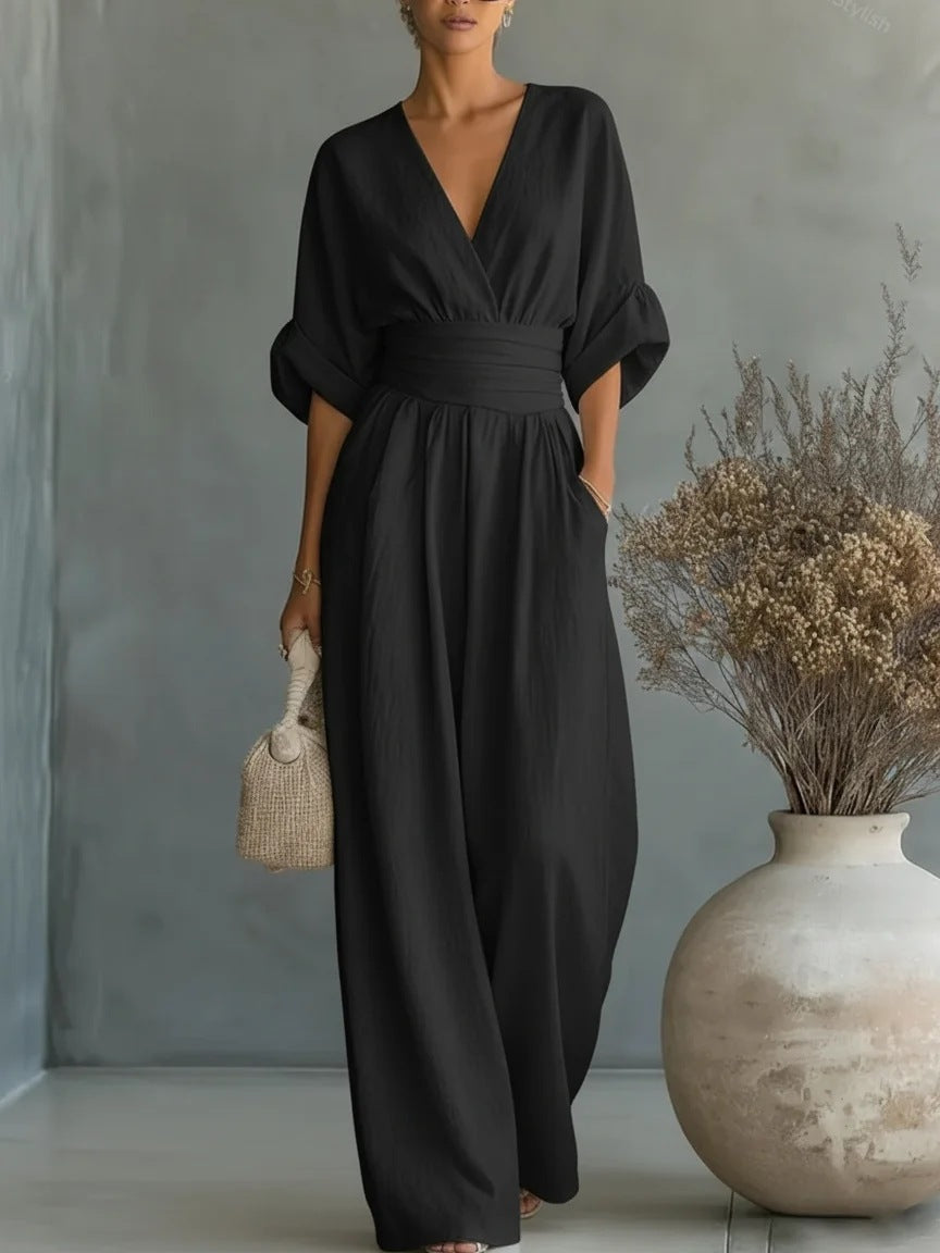 Hillary | Elegant Wide-Leg Fluid V-Neck Jumpsuit