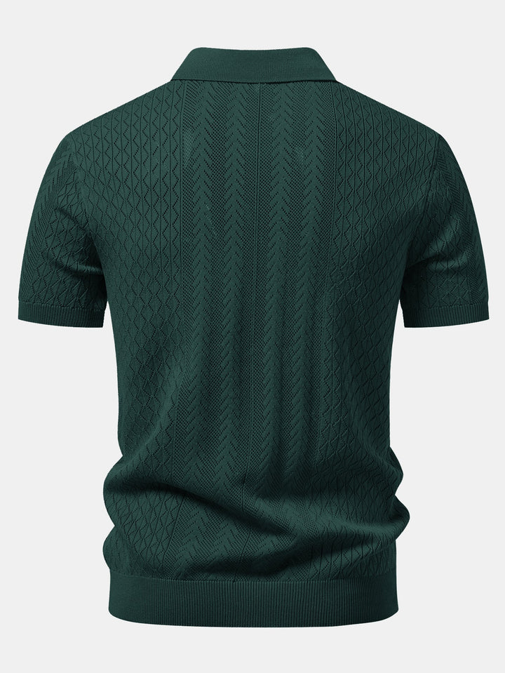 Calix | Geometric Jacquard Open Knit Polo & Crinkle Textured Straight Leg Pants