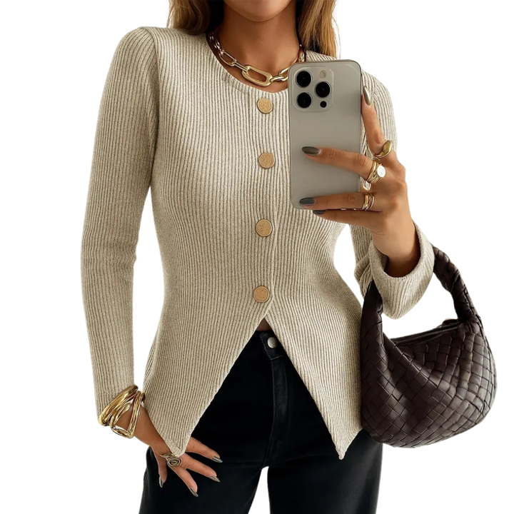 NADIRA™ | Twisted Ribbed Button-Front Knit Top