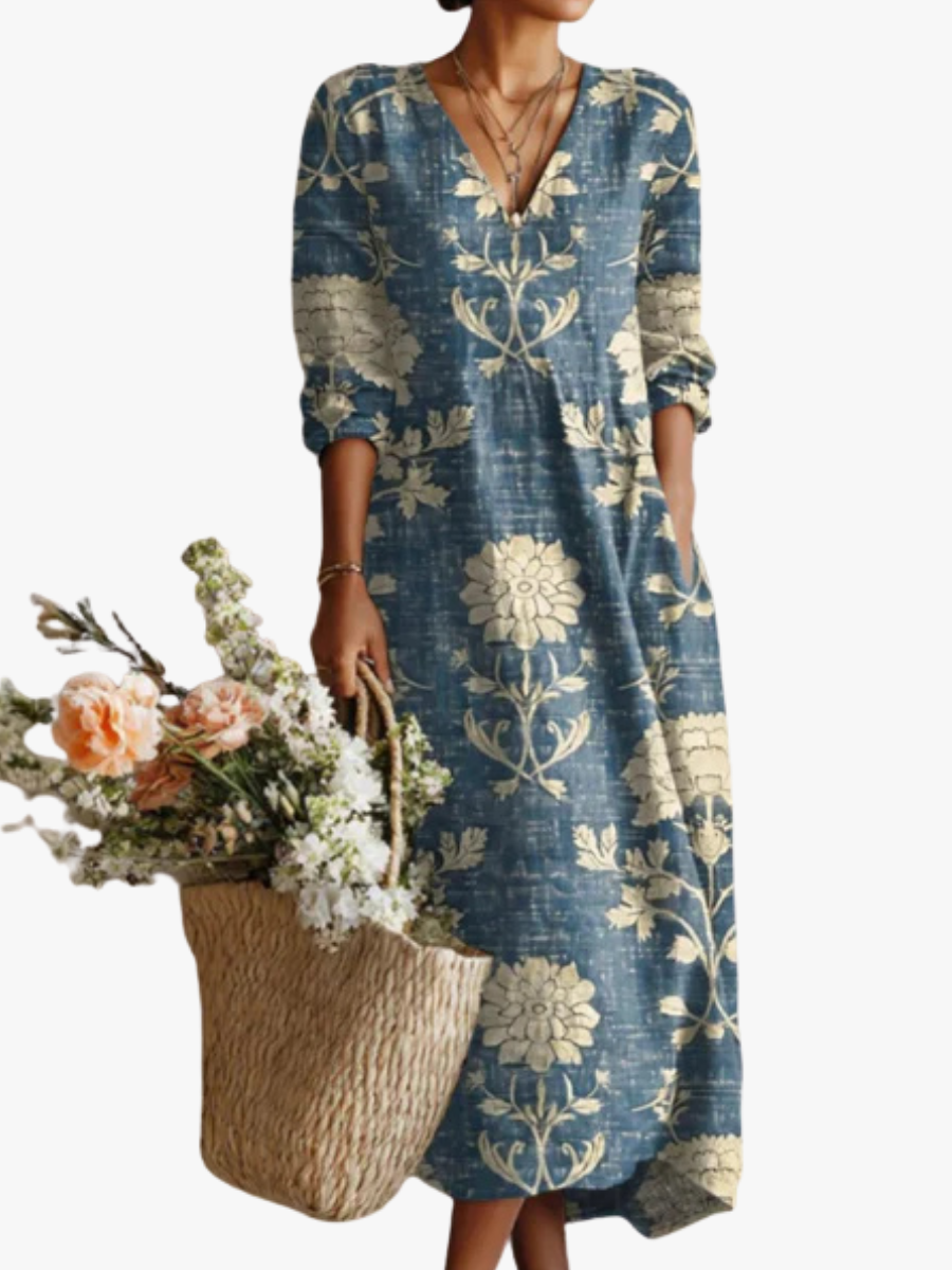 Greta | Floral Linen Midi Dress