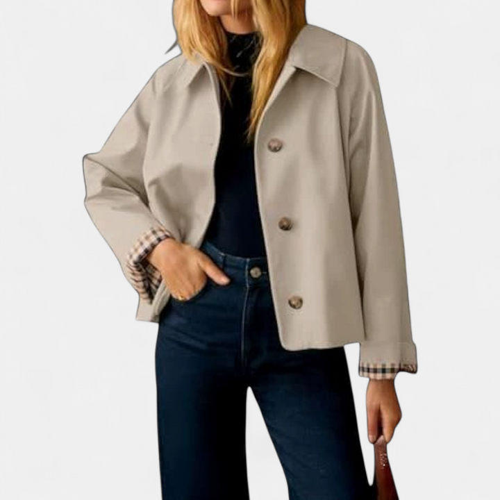 CORETTE™ – Classic Plaid-Lined Cropped Trench Coat