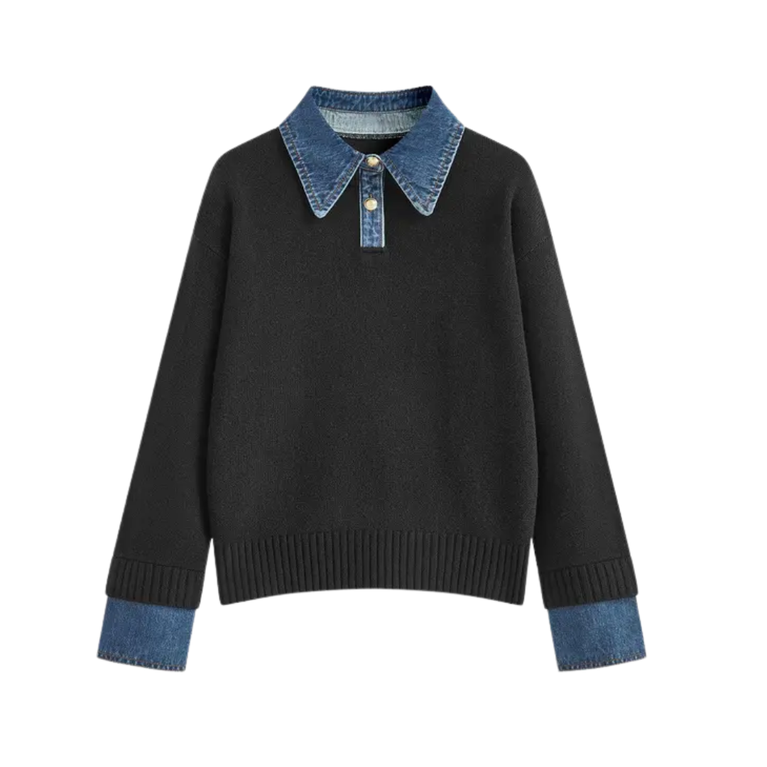 SOLVEI™ | Cozy Polo Denim Sleeve 2 in 1 Panel Lapel Sweater