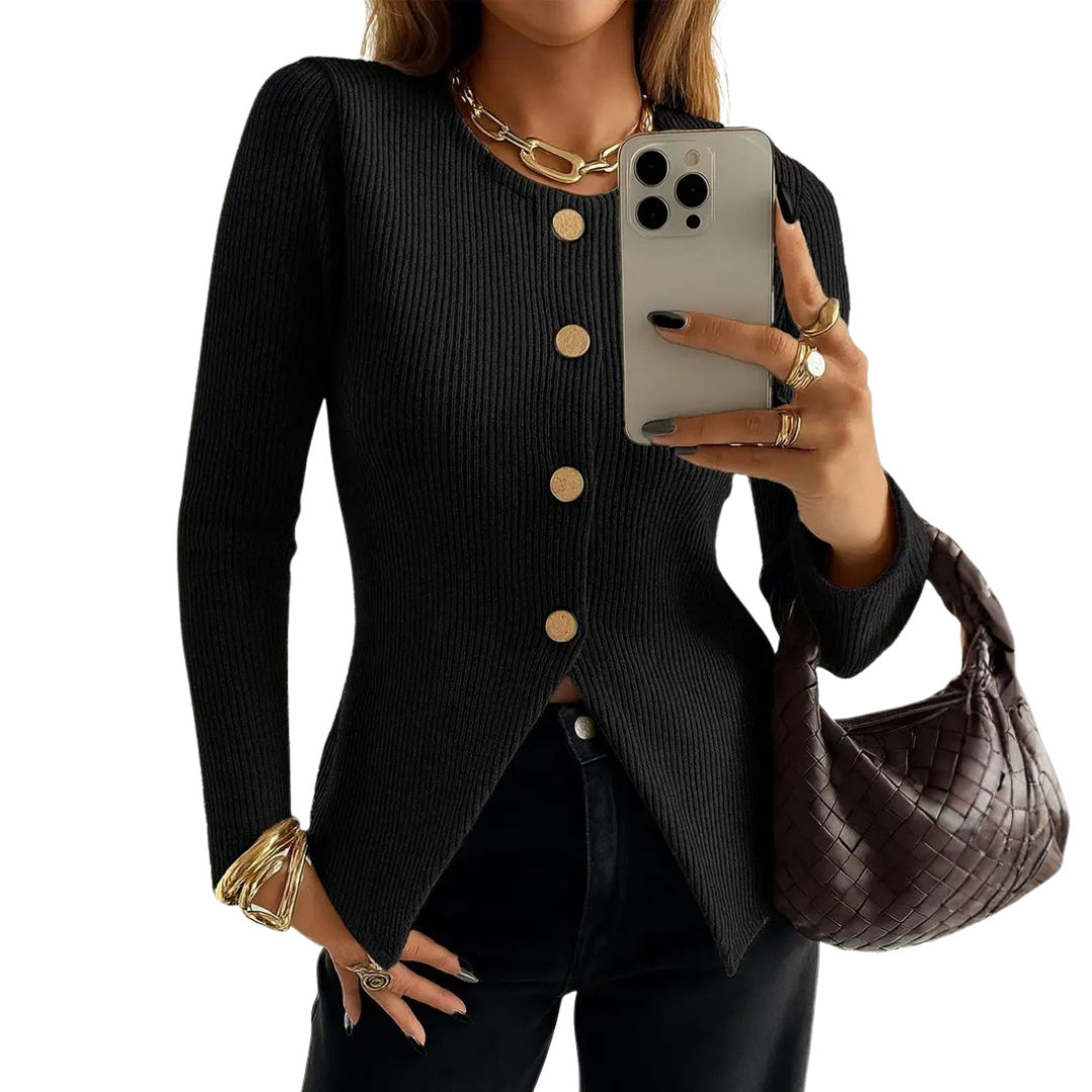 NADIRA™ | Twisted Ribbed Button-Front Knit Top