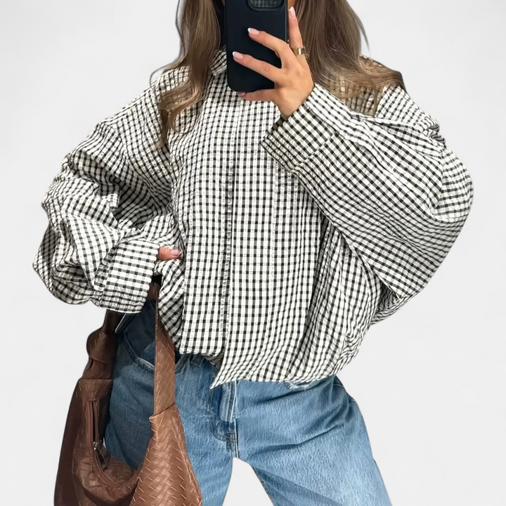 BEXLYN™ – Gingham Check Cropped Bomber Jacket