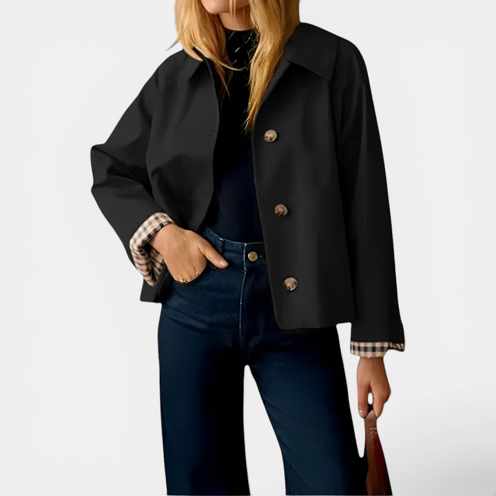 SOLVAINE™ – Plaid-Lined Cropped Trench Coat