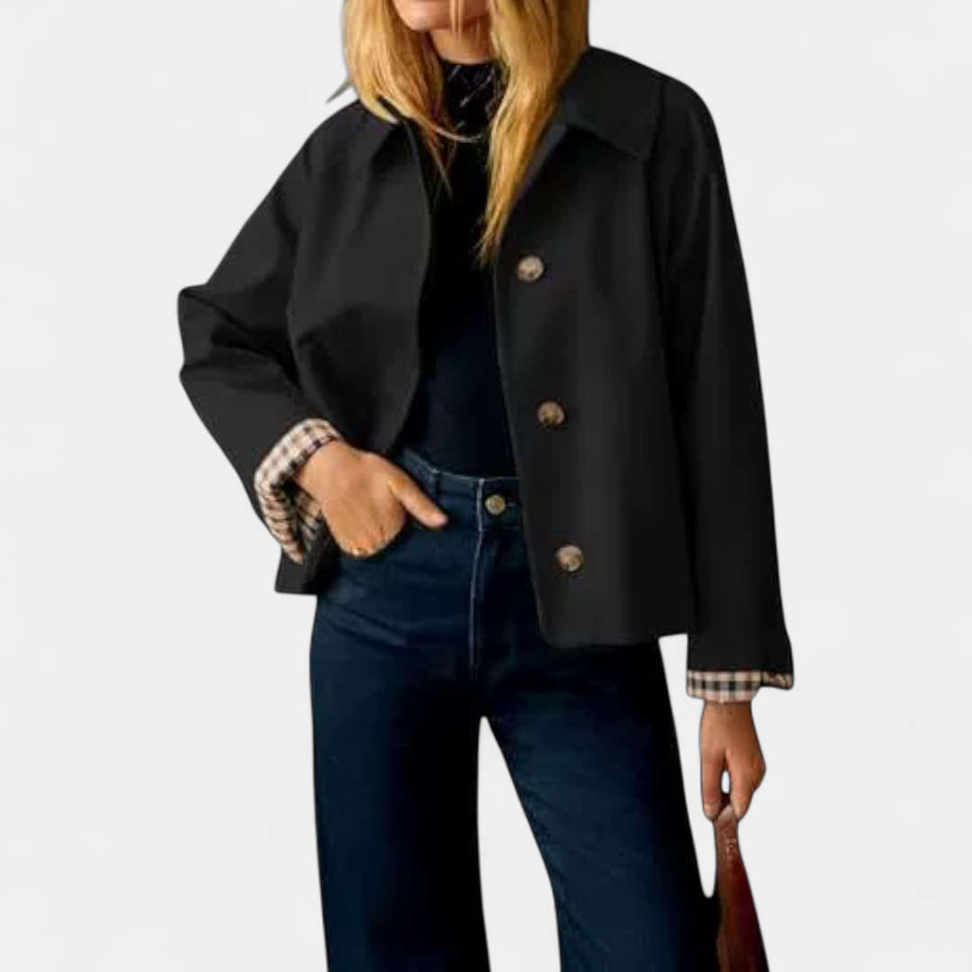 CORETTE™ – Classic Plaid-Lined Cropped Trench Coat