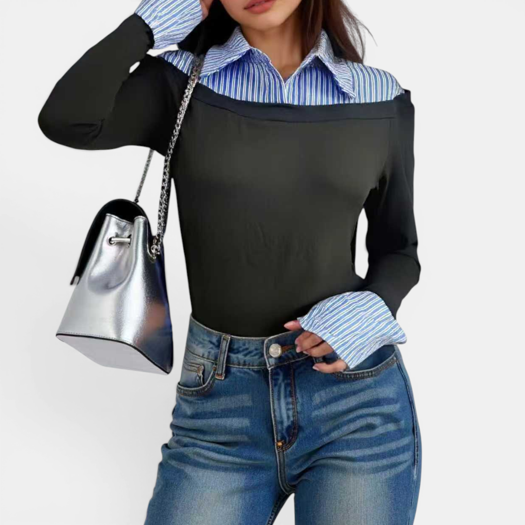 PETRINE™ | Striped Collar Fitted Knit Pullover