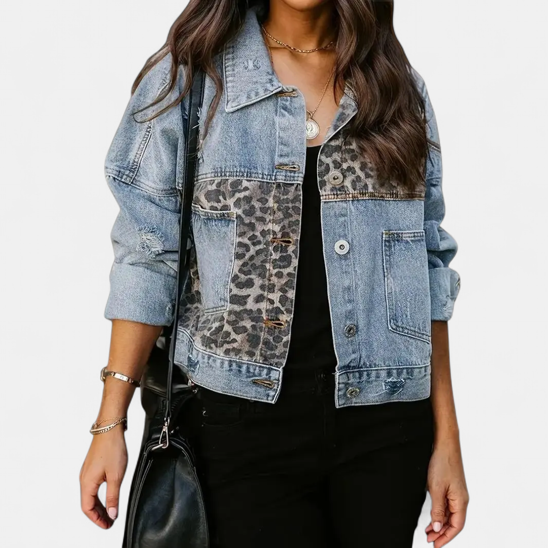 BRECKA™ – Wild Leopard Patch Denim Jacket