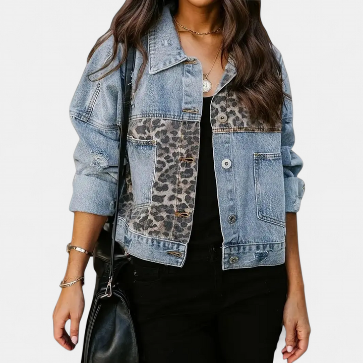 BRECKA™ – Wild Leopard Patch Denim Jacket