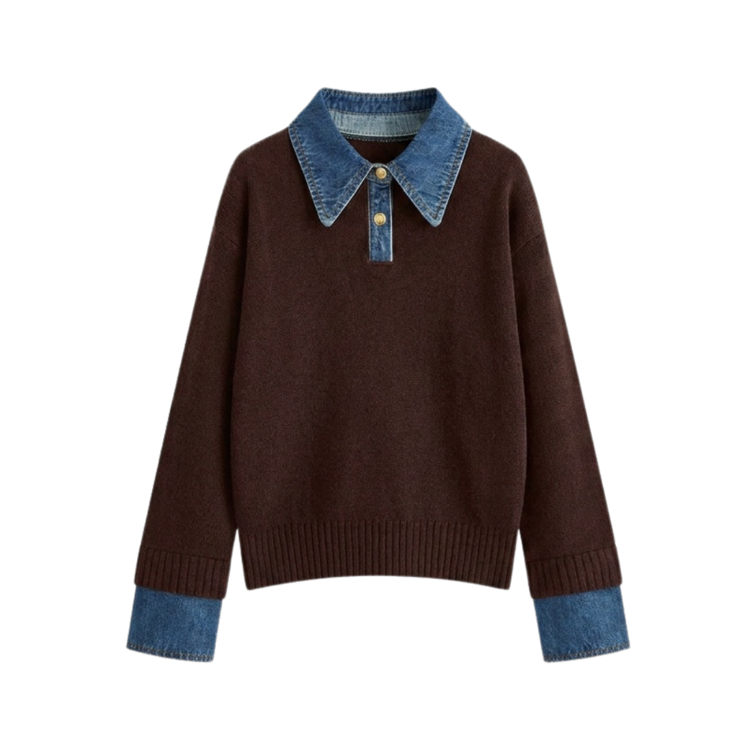 SOLVEI™ | Cozy Polo Denim Sleeve 2 in 1 Panel Lapel Sweater