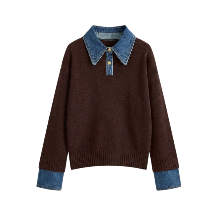 SOLVEI™ | Cozy Polo Denim Sleeve 2 in 1 Panel Lapel Sweater