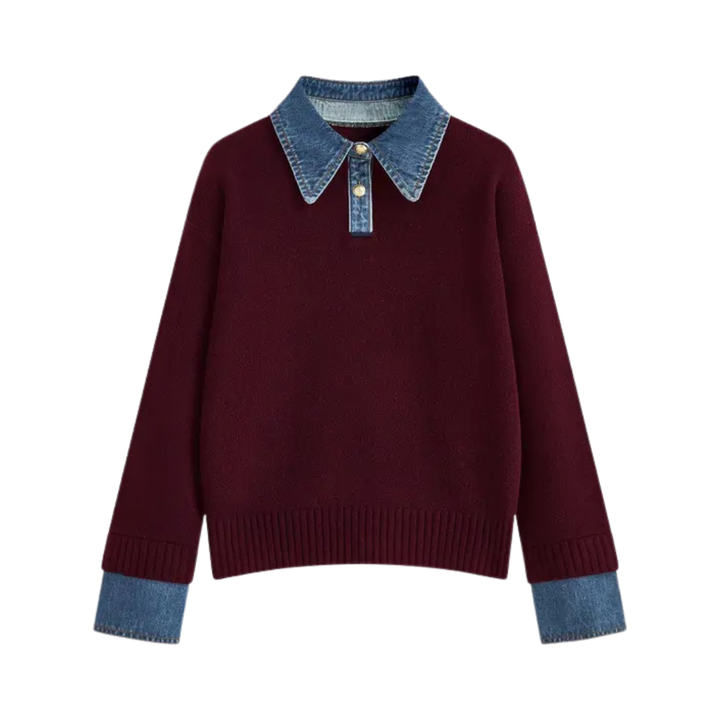 SOLVEI™ | Cozy Polo Denim Sleeve 2 in 1 Panel Lapel Sweater