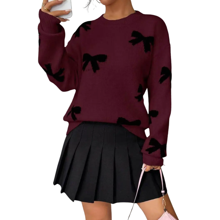 BRIGITTE™ | Cozy Bow Print Knit Sweater