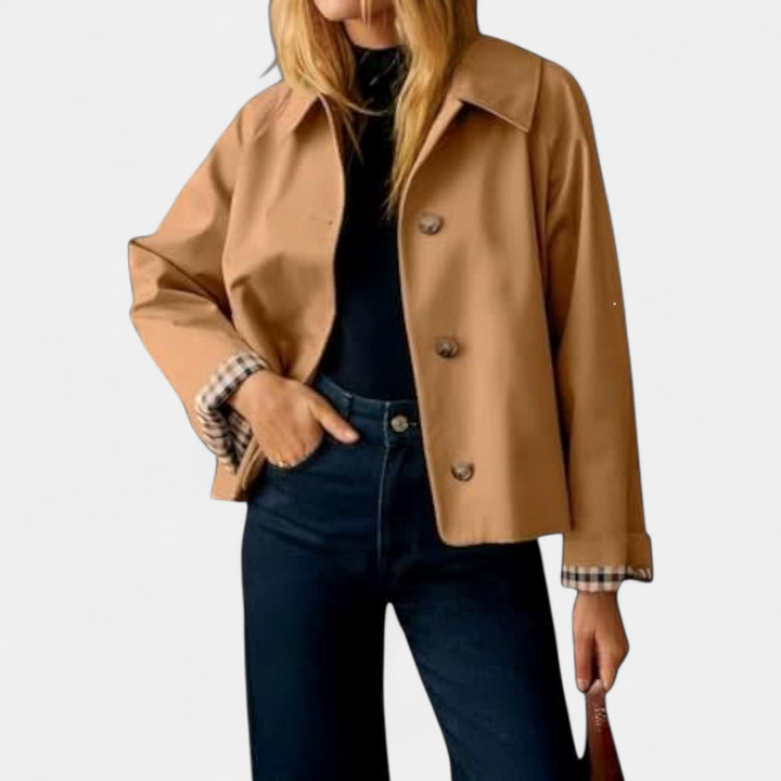 CORETTE™ – Classic Plaid-Lined Cropped Trench Coat