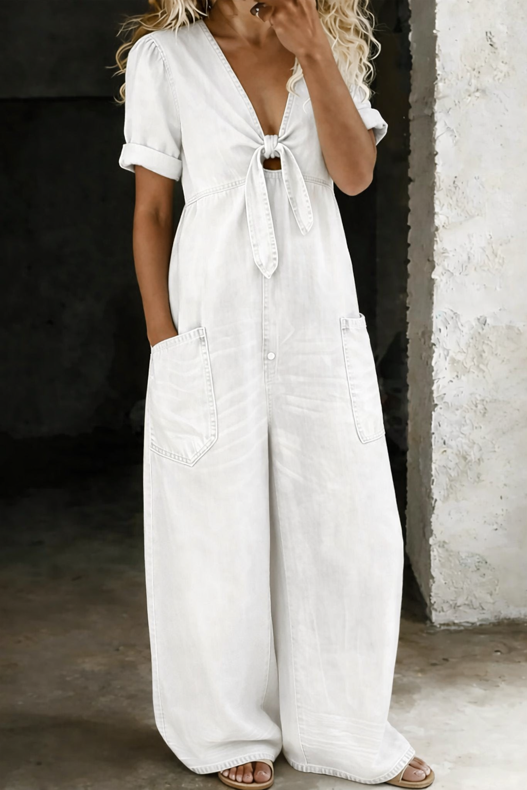 Leila | Fluid Denim Jumpsuit V-Neck Wide Leg