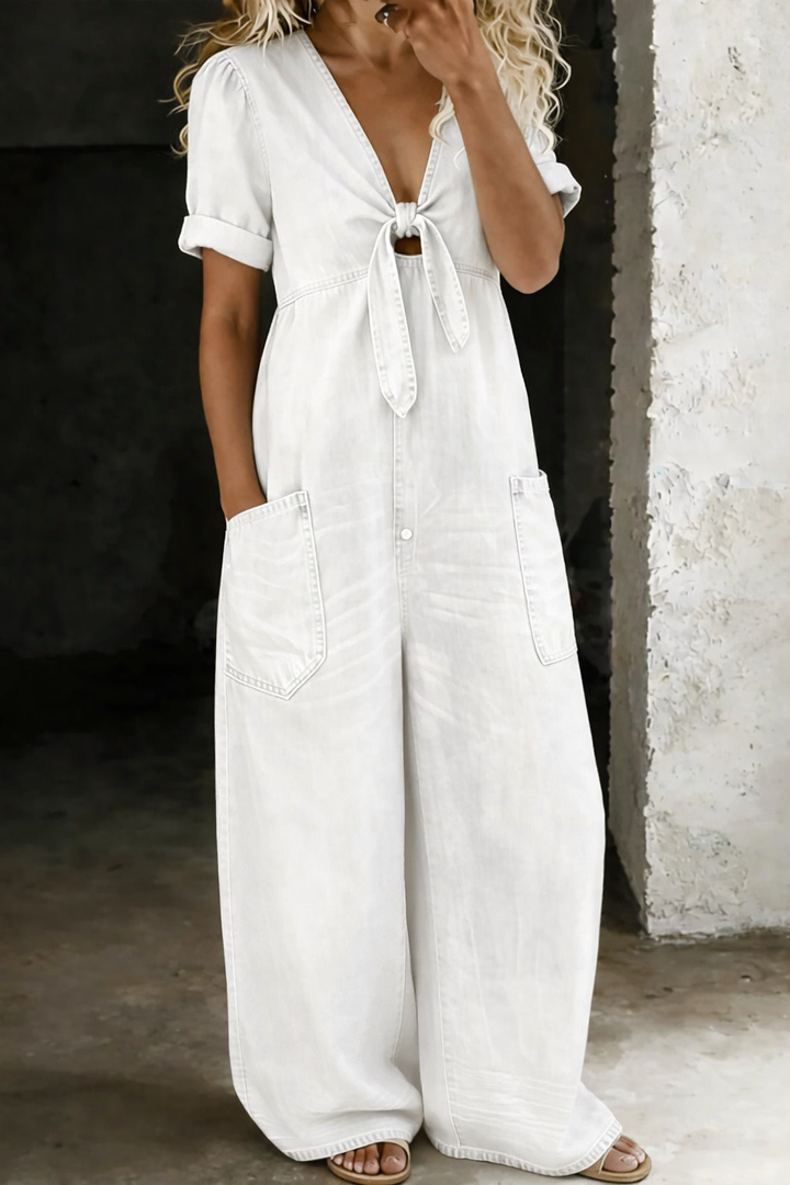 Leila | Fluid Denim Jumpsuit V-Neck Wide Leg