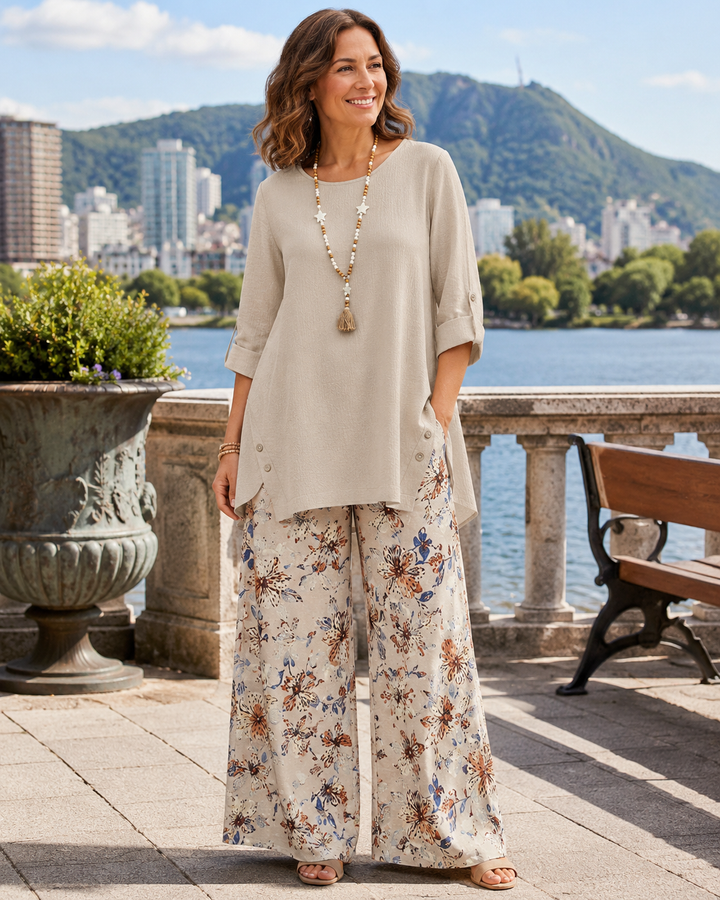 Stella | Cotton-Linen Set with Tunic and Floral Pants